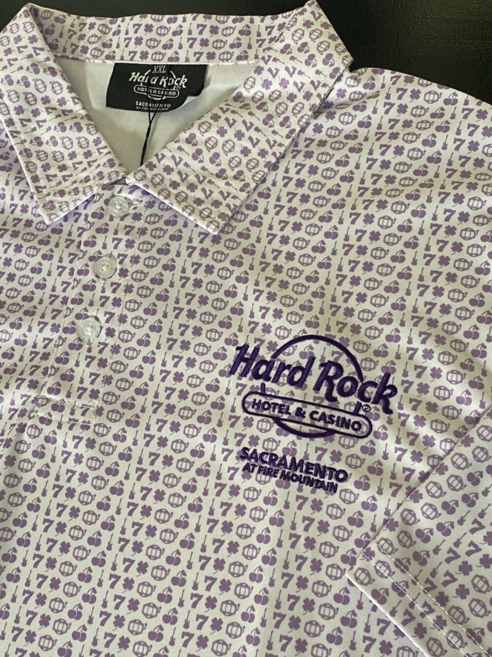 Hard Rock Sacramento Polo Shirt 2XL Casino Poker Lucky 7 Cherry Clover Novelty